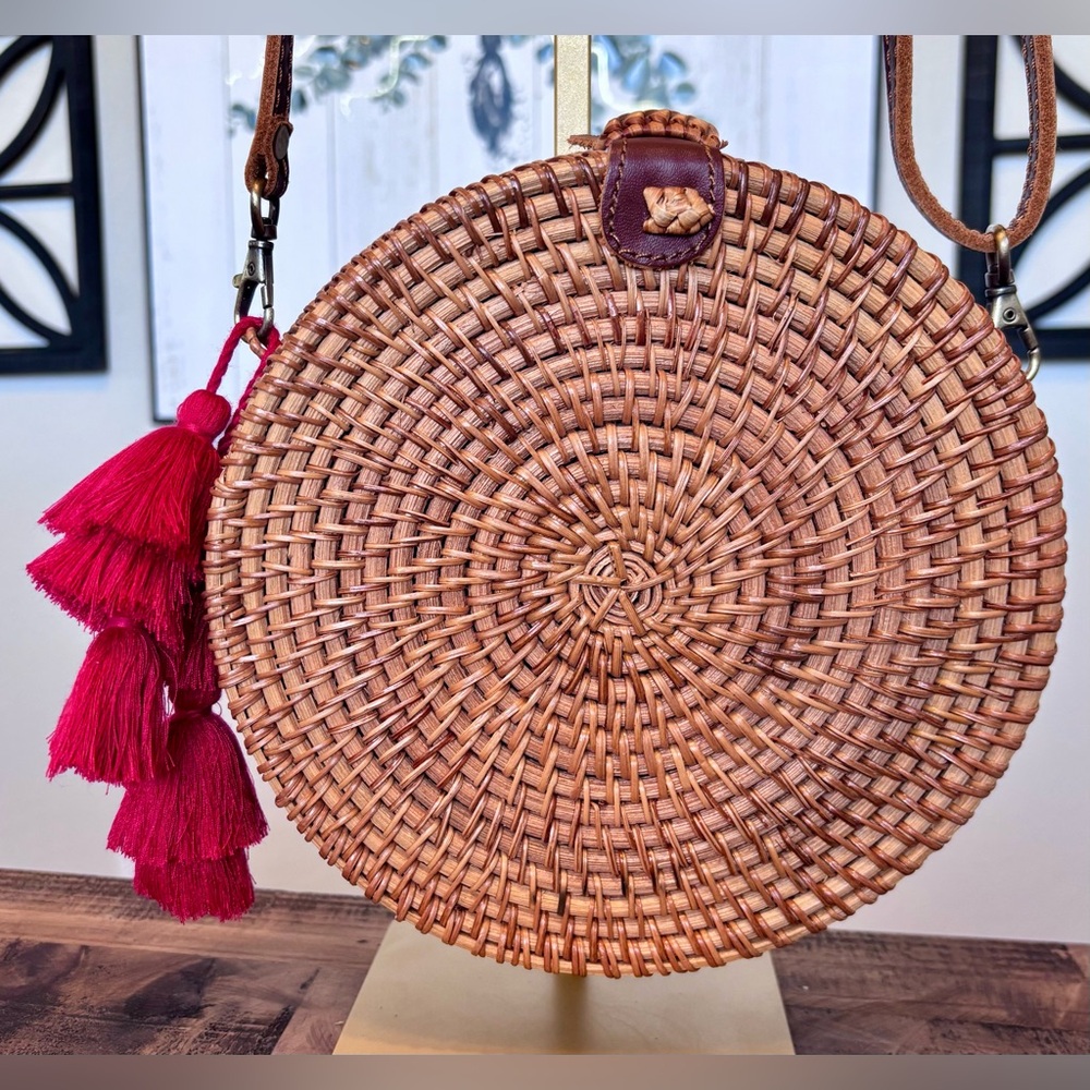 Round Woven Rattan Bag with Red Tassels